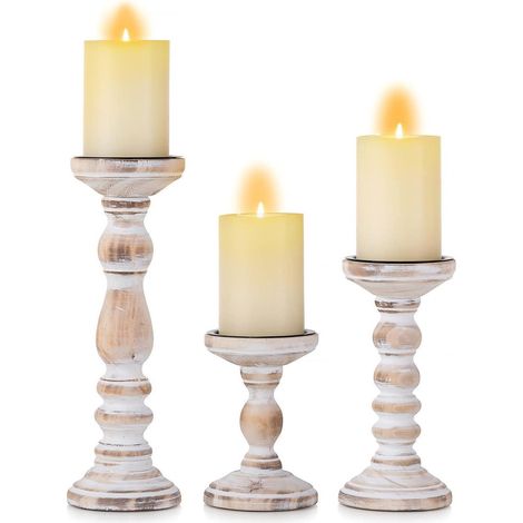 Kerzenständer 3er Set Holz Landhausstil Shabby Chic Vintage Deko Weiß 15/21/30cm (1/5)
