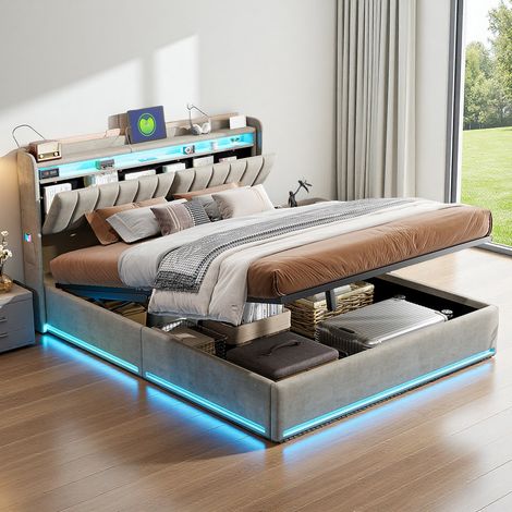 Lit coffre 160 x 200 cm avec sommier,lit double avec LED et multiprise,tête de lit avec rangement,lit 160x200 avec sommier à lattes en bois,velours gris (1/5)