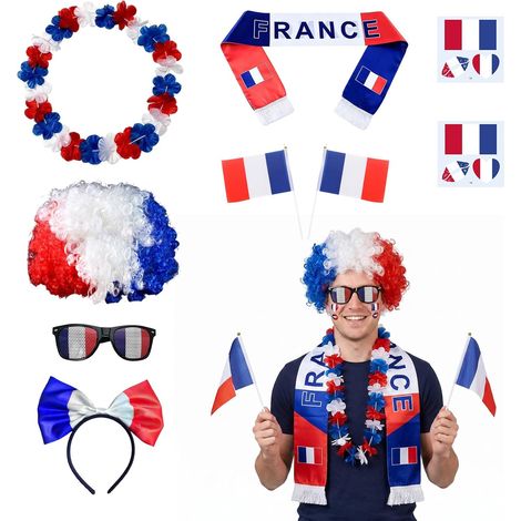 9-teiliges Fan-Set für Frankreich zur Fußball-Weltmeisterschaft 2026: Stirnband, Schal, Perücke, temporäre Tattoos, Brille, Blumenkette, Handfahne. (1/5)