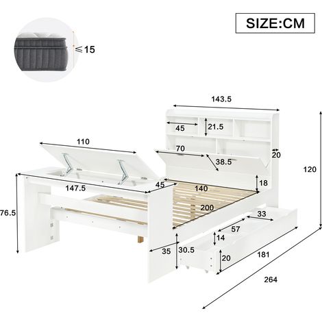Lit, structure pliante, extensible, rangement intégré, avec tiroirs, 264 x 147,5 x 120 cm, bois, blanc (1/5)