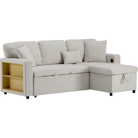 Divano letto angolare L con contenitore in tessuto beige MODENUIT (1/5)