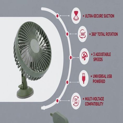 Ventilateur ventouse voiture tête unique, rotation 360°, 3 vitesses, port USB, véhicule vert (1/5)