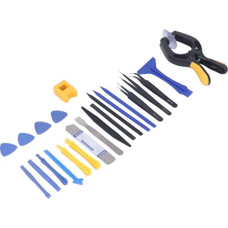 Ensemble de 23 outils de démontage et de réparation comprenant un levier pour la coque, un outil de ventouse pour l'écran et une pince à levier. (1/5)