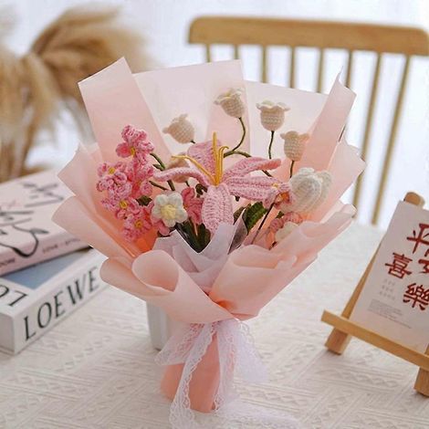 Handgestrickter künstlicher Blumenstrauß mit Geschenkpapier, ideal für Hochzeiten, handgefertigte Blumendekorationen, romantische Geschenke. (1/4)