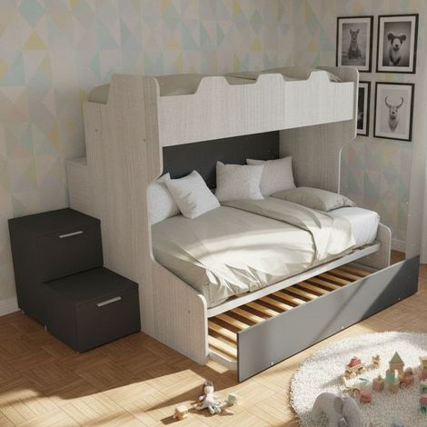 Letto a castello con gradini a cassetti e passerella - Una piazza e mezza e singola - Rovere rock