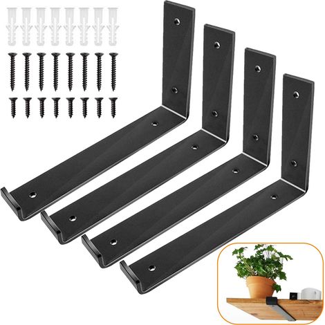 Lot de 4 Équerre Étagère Flottants avec Vis Assorties et Lèvre, 150x200mm Support Etagere Fixation Murale Industrielle, Supports Robustes Forme L Métal Noir pour Cuisines, Salles Bains, Salon, Chambre (1/5)