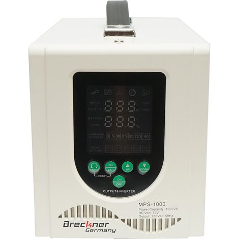 UPS con inverter per riscaldamento centralizzato 700W/1000VA, onda sinusoidale pura 12V/230V, 2 prese schuko, display LCD, AVR Breckner Germany (1/5)