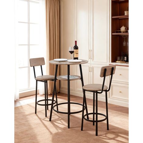 Ensemble Table de Bar avec Tabourets 3PCs, Table Haute de 60 cm avec Deux Chaises aux Angles Arrondis, pour Salle à Manger Bureau Coin Repas Bistro, Mange-debout Ronde, Gris Clair et Noir (1/5)