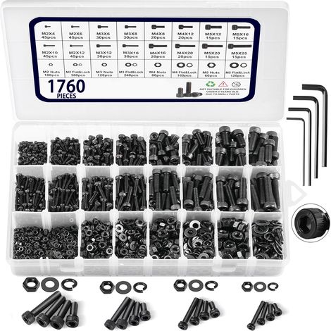 1760pcs M2 M3 M4 M5 Assortiment de vis métrique, boulons et écrous de bouchon de tête de prise hexagonale en acier allié de grade 12.9, ensemble de vis anti-rouille et zinquée noire avec clés