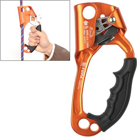 Ascenseur manuel orange pour alpinisme et travaux arboricoles, parfait pour randonnée et sports extrêmes. (1/5)