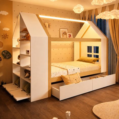 Letto per bambini 90200cm, design a forma di casa, con due cassetti, con LED, con spazio di stoccaggio, letto multifunzionale, adatto per bambini e adolescenti, bianco + colori del legno grezzo (1/5)