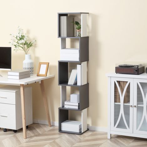 Modernes 5-stöckiges Bücherregal aus Holz, platzsparendes Regal für Wohnzimmer, Wohnung und Büro, 33 x 28 x 161 cm, Grau und Weiß