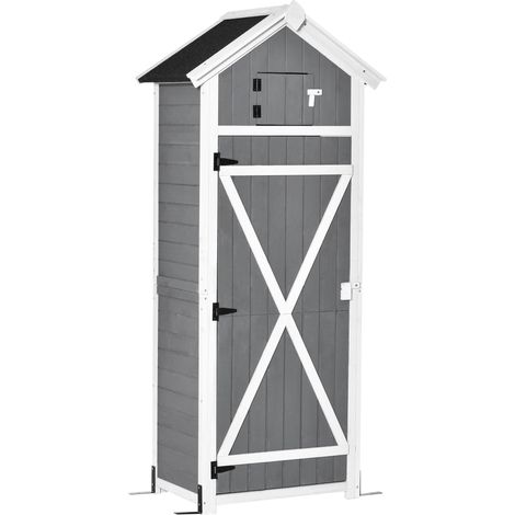 Abri de jardin en bois, résistant aux intempéries, 78 x 52,5 x 182 cm, avec porte, toit en pente, armoire à outils avec crochets, table pliante, idéal pour le jardin ou la terrasse, gris. (1/5)