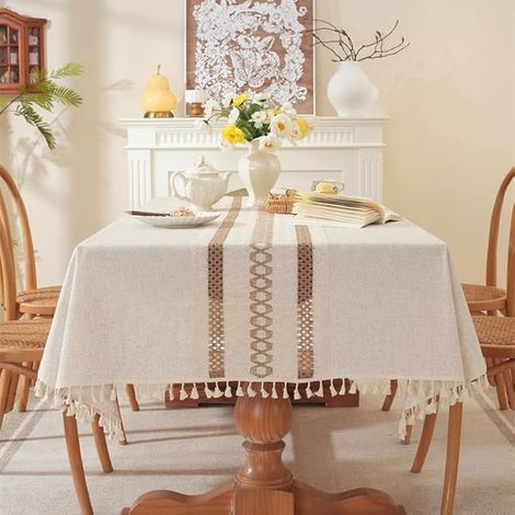 Nappe Rectangulaire Anti Tache Lin et Coton Nappe Exterieur Impermeable Nappes Tissu en Lavable pour Table Basse, Jardin, Cuisine Décoration de Table(Beige,140x140cm) (1/5)
