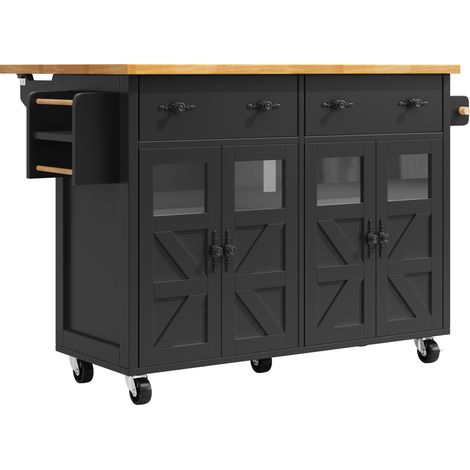 Isla de cocina multifuncional negra con ruedas, 140 x 73 x 93,5 cm, HOMVRA (1/5)