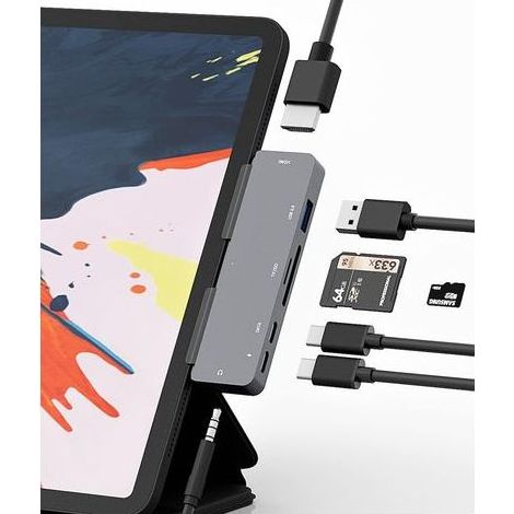 Adaptateur hub USB C 7 en 1 – HDMI 4K, USB 3.0, lecteur de carte SD/TF, audio 3,5 mm, chargement PD 60 W – Plug and Play (1/5)