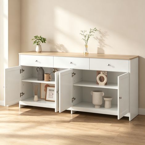 Buffet de rangement, Commode à 3 tiroirs et 4 portes, Buffet Moderne,Armoire Tiroirs, Armoire de Cuisine,Buffet pour Salon, Chambre, Salle à Manger, blanc,160 x 37 x 75 cm
