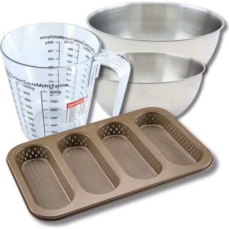 Set pâtisserie avec moule perforé 4 mini baguettes 33 x 22 cm en acier, 2 bols à mixer, verre mesureur et spatule Zenker (1/5)
