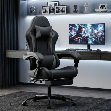 Sedia gaming con poggiatesta, cuscino lombare e poggiapiedi, nero e grigio DESVIAE (1/4)