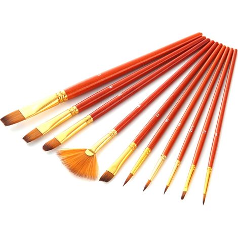 10 pinceaux en nylon à poils synthétiques, manches en bois, lot de brosses pour gouache, dessin de lignes et peinture artistique (1/5)
