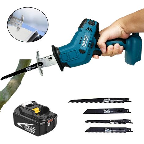 Scies alternatives, scie sabre d'élagage électrique sans fil, pour jardin, métal, bois, tuyaux en PVC, élagage d'arbres, 4 lames + batterie 5,5 Ah (sans chargeur), compatible avec batterie Makita 18 V