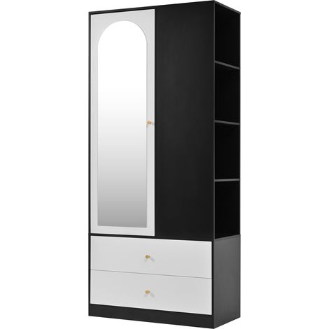 Armadio con specchio a 1 anta, 2 cassetti e 4 ripiani, 80 x 40 x 180 cm, bianco e nero (1/5)