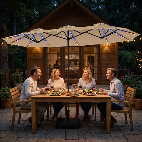 Ombre et lumière sur votre terrasse avec ce parasol double face 13 ft, 108 LED solaires et base incluse (1/5)