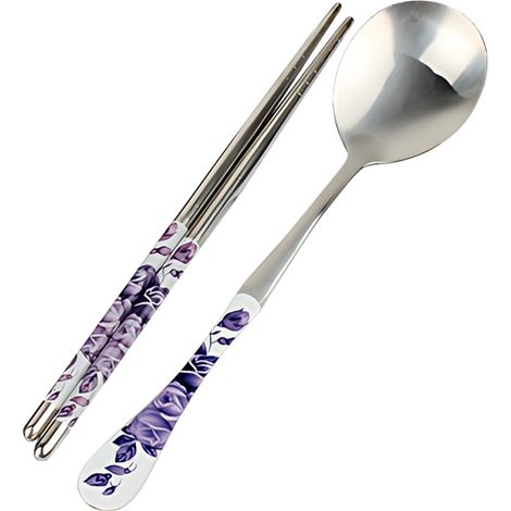 2 pièces couverts voyage en acier inoxydable violet, fourchette cuillère baguettes, kit repas portable (1/5)