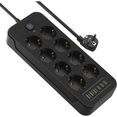 Steckdosenleiste mit Schalter, 8 Fach Mehrfachstecker mit Verlängerungskabel 2M, 3USB/3Type-c (5V/3.1A), Max. 250 V / 16A, Steckdosenleiste Überspannungsschutz 3840W/16A für zu Hause, Schwarz (1/5)