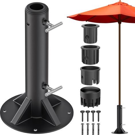 Pied Parasol, Support de Tube de Parapluie Base Stable pour Parasol 30cm Hauteur avec 3 Douilles pour Poteaux de 3 à 5cm, Convient Aux Terrasses en BéTon ou Een Bois, Ronde (1/5)