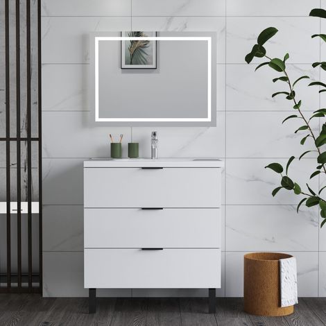 High Gloss White MDF Vanity Unitгм800460850mm,wall-mountedгмDetachableгмSoft Closeгмthree drawer + 805465mm White Ceramic Basin (1/5)