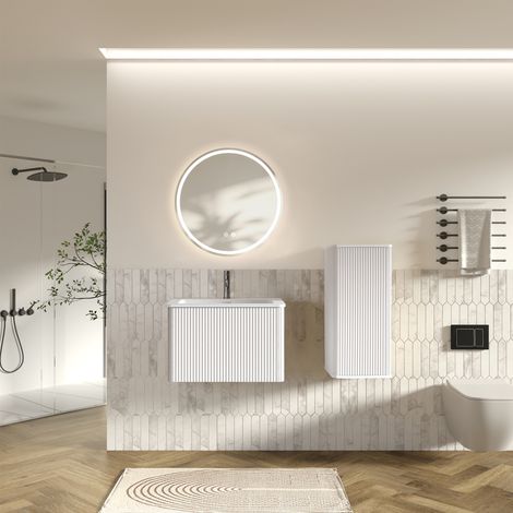 Ensemble de meubles de salle de bains avec lavabo et miroir LED, meuble vasque mural de 60 cm avec lavabo, miroir de salle de bains rond de 60 cm, ensemble de meubles de salle de bains moderne avec ar (1/3)
