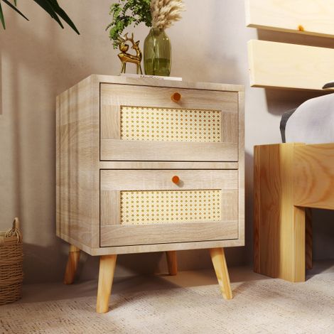 Nachttisch Nachtschrank Beistelltisch, mit 2 Schubladen, Eiche Rattan,Schubladenfronten aus Rattangeflecht,Sofatisch passend zu jedem Bett & Schlafzimmer - H55/B40/T40 cm (1/5)