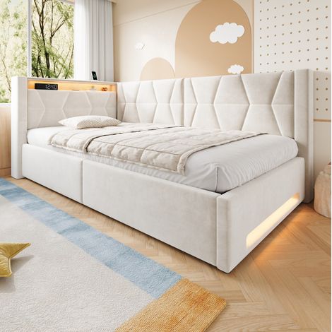 Lit simple 90x200 cm avec coffre de rangement, velours beige, éclairage LED, ports USB & Type-C, coffre hydrauclé, sommier inclus sans matelas (1/5)