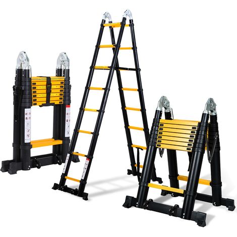 Randaco Échelle télescopique Aluminium 2,5m+2,5m noir+jaune sans crochets Avec stabilisateur Avec roues charge max. 150 kg