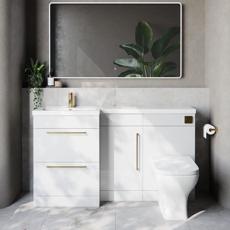 Napoli 390 Gloss White 1500mm 2 Drawer Vanity Unit Toilet Suite with Left Hand Square Lucia Basin - 1500mm - Brushed Brass 320mm HandleWith Kingston Toilet Pan and Seat