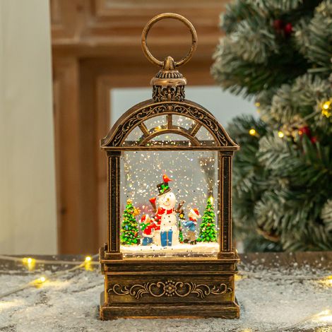 Lanterne de Noël lumineuse à neige flottante, scène bonhomme de neige et enfant, décoration de table portable, cadeau de Noël, 11 × 6,5 × 21 cm