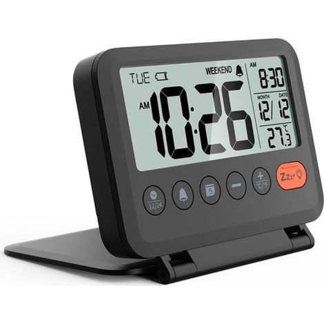 Mini alarm of trip digital LCD portable, quiet, elegant and portable, alarm of desk compact and foldable powered by batteries (black) (1/5)