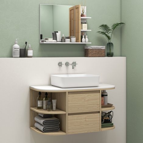 Meuble sous lavabo salle de bain suspendu meuble sous vasque avec tiroirs à fermeture douce et étagères. marron