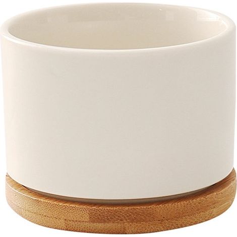4 teiliges Keramik Pflanzenset, weiße Mini Sukkulententöpfe, Blumentopf mit Bambusuntersetzer, für die Dekoration von Zuhause und Büro. (1/5)