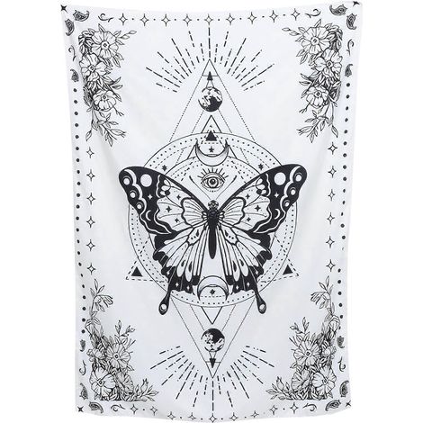 Wandteppich im böhmischen Stil mit Schmetterlingsmuster und Tarot-Motiven, Wandbehang/Wanddecke-150x110cm-White (1/4)