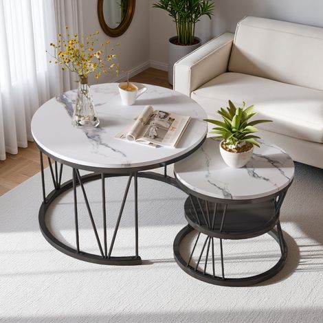Modernes Couchtisch-Set, 2-teiliges Beistelltisch-Set, Tischplattenmuster aus Marmorimitat, runde Couchtische, Beistelltisch für Wohnzimmer, Büro, schwarzer Rahmen (1/5)