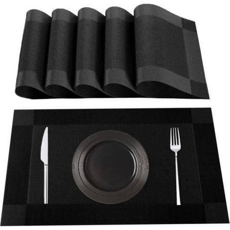 Waschbare Platzsets, 6er-Set, 70 % PVC und 30 % Polyester, rutschfest, hitzebeständig, schwarz (1/4)