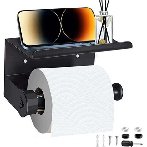 Porta carta igienica da parete con mensola, adesivo per bagno, non richiede foratura, nero opaco. (1/4)