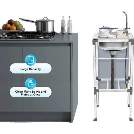 Fregadero de cocina de acero inoxidable, 42 cm x 37 cm x 83 cm, independiente, con grifo de agua fría y caliente y capacidad de carga de 60 kg. (1/5)
