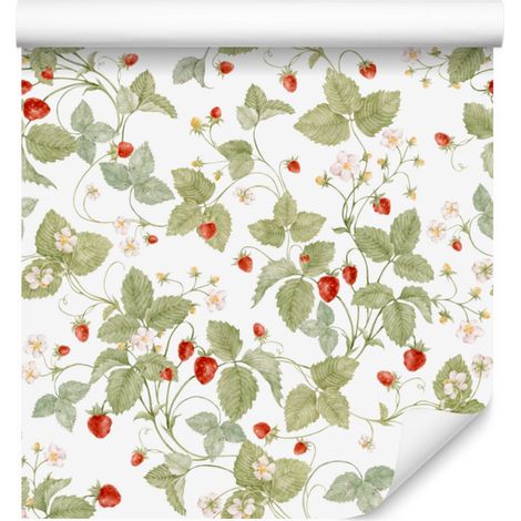 Papier peint Baies Rouges Blanc et Beige pour Salon et Chambre 50x1000 cm (1/4)