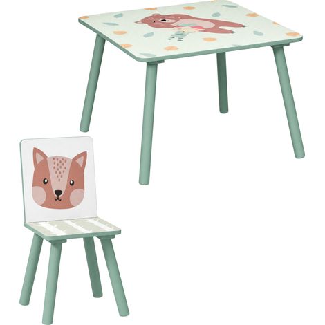 Ensemble table et chaises pour enfants, comprenant une table et deux chaises, motif animaux, convient aux enfants de 3 à 8 ans, vert. (1/5)