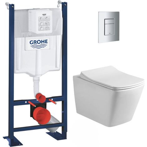 Grohe Pack WC Bâti autoportant + WC sans bride SAT Infinitio Design + Abattant softclose + Plaque chrome