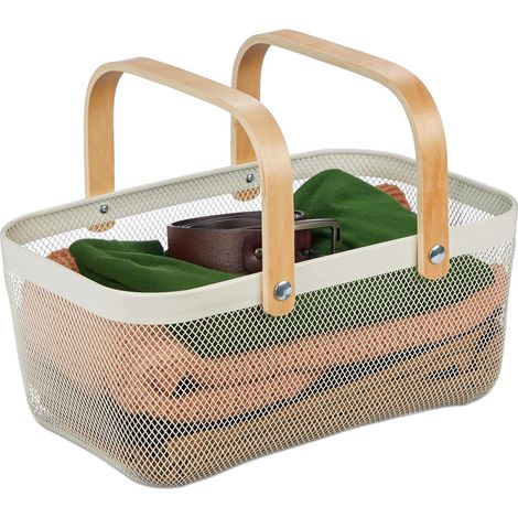 Panier rectangulaire, anses, Corbeille de Rangement, métal et Bois, panière ustensiles, Salle de Bain, Blanc (1/4)