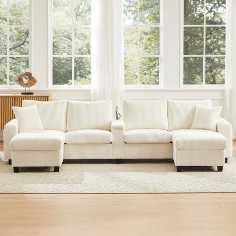 Canapé d'angle,Canapé 4 Places,forme de U avec 2 poufs,liseuse,tablette rabattable,porte-gobelets et ports USB/Type-C,canapé modulable ,accoudoirs de chaque côté avec éclairage LED décoratif(beige) (1/5)